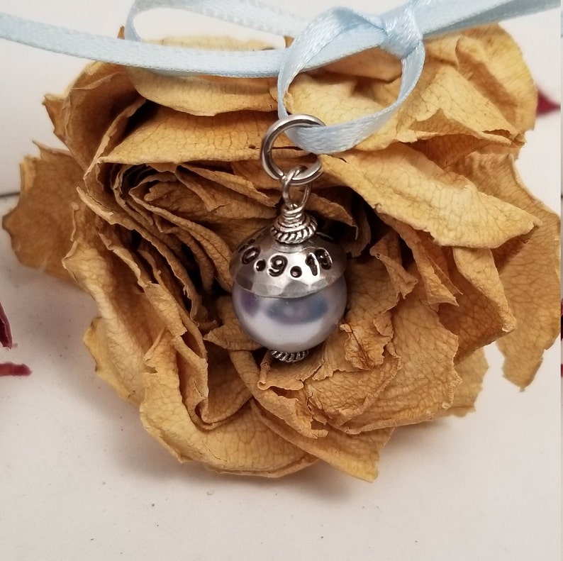Bead Cap Pearl Necklace Pendant Something Blue Bridal Bouquet Mothers Daughter Remembrance Wedding Blue Pearl Bead Hand Stamped Cap