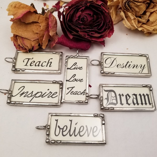 Inspirational Words Soldered Glass Pendant Necklace -On Sale-Ready To Ship -  Large Rectangle Words - Life Lifting Motivational - Lead Free