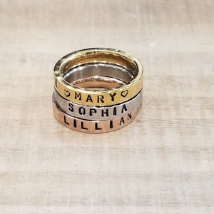 Stainless Stacking Custom Personalized Rose Gold Silver Thin Band Ring, 3mm Stackable Band, Family Name Date Pet Ring, Mothers Birthday Ring