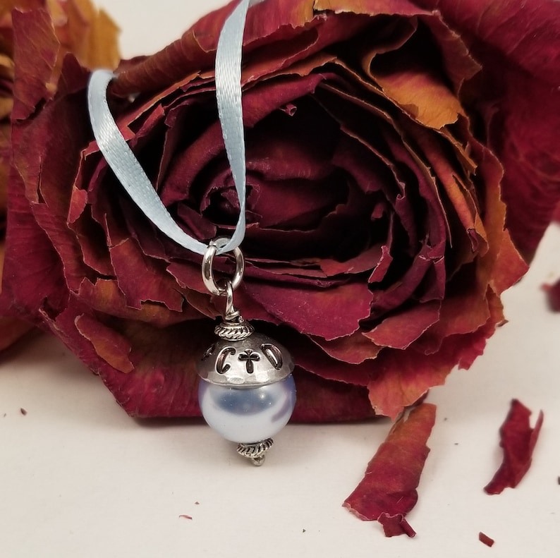 Bead Cap Pearl Necklace Pendant Something Blue Bridal Bouquet Mothers Daughter Remembrance Wedding Blue Pearl Bead Hand Stamped Cap