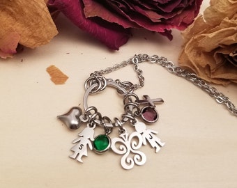 Multiple Charm Pendant Necklace - Stainless Add A Charm Pendant - Birthstone Cross Family Initial Heart Butterfly Cross Flower Charms