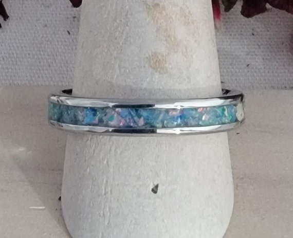 Cremation Ring Band Funeral Ash OP74 Thin Opal Inlay, Memorial Stainless Channel Set, Cremation Jewelry, Personalized Keepsake Remembrance