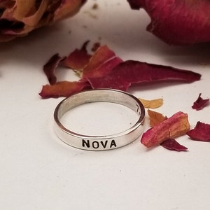 Sterling Silver Name Date Band Ring - Personalized Hand Stamped Stackable Band - Anniversary Mothers Birthday Girl Grandmothers Teen Ring
