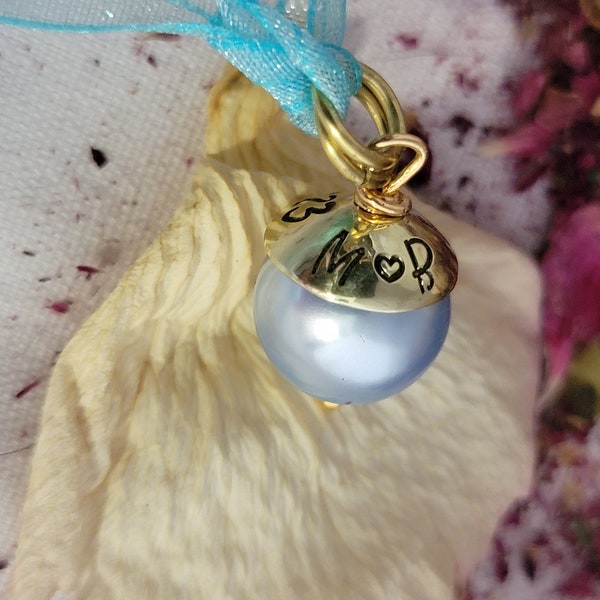 Wedding Blue Pearl Bead Hand Stamped Gold Cap - Bead Cap Pearl Necklace Pendant - Something Blue Bridal Bouquet Mothers Daughter Remembrance