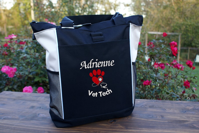 Personalized Vet Tech Tote embroidered with a paw heart stethoscope and name and title vet office staff veterinarian gift idea DMV gifts
