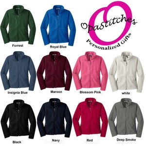 May include: A collection of fleece jackets in various colors, including forest green, royal blue, and black. Each jacket has a full zipper and two side pockets. The image also displays the text "Opastitches Personalized Gifts."