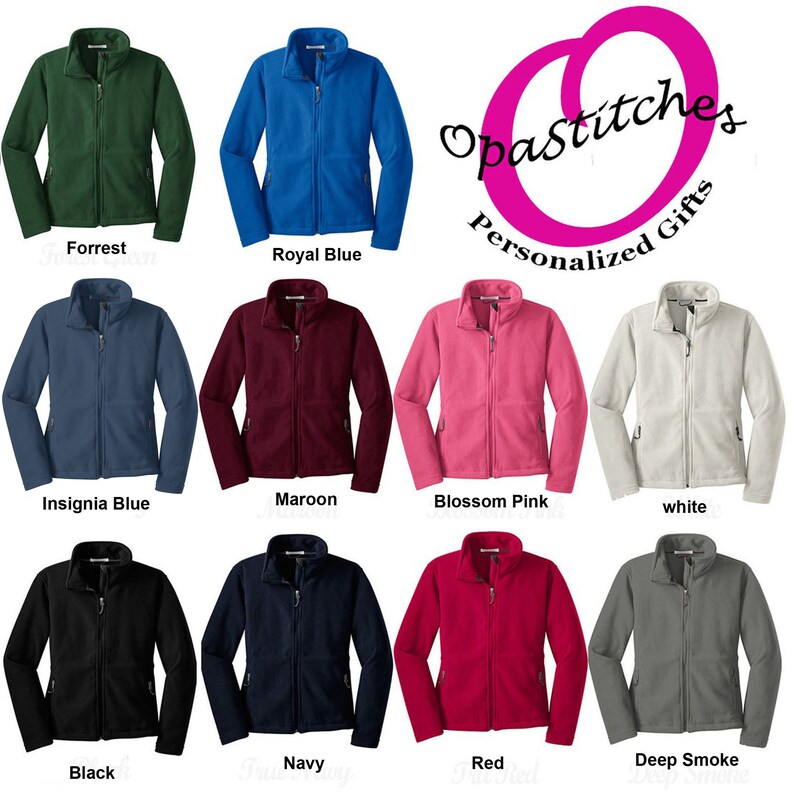 May include: A collection of fleece jackets in various colors, including forest green, royal blue, and black. Each jacket has a full zipper and two side pockets. The image also displays the text "Opastitches Personalized Gifts."