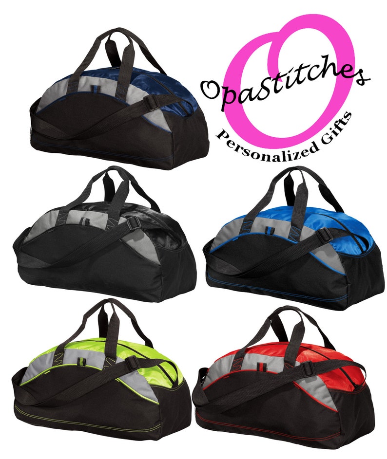 May include: Five duffel bags in different colours with black accents. The bags have a single strap and two handles. The bags are all the same size and shape.