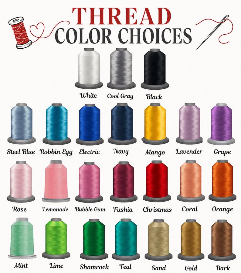 May include: A color chart titled THREAD COLOR CHOICES featuring twenty-four spools of embroidery thread in various shades including white, gray, black, blue, yellow, purple, pink, red, orange, green, brown, and gold, each labeled with its color name.