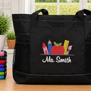 Personalized Teacher Tote Bag, Custom Name Embroidered Tote, Teacher Gift, Zippered School Bag