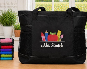 Personalized Teacher Tote Bag, Custom Name Embroidered Tote, Teacher Gift, Zippered School Bag