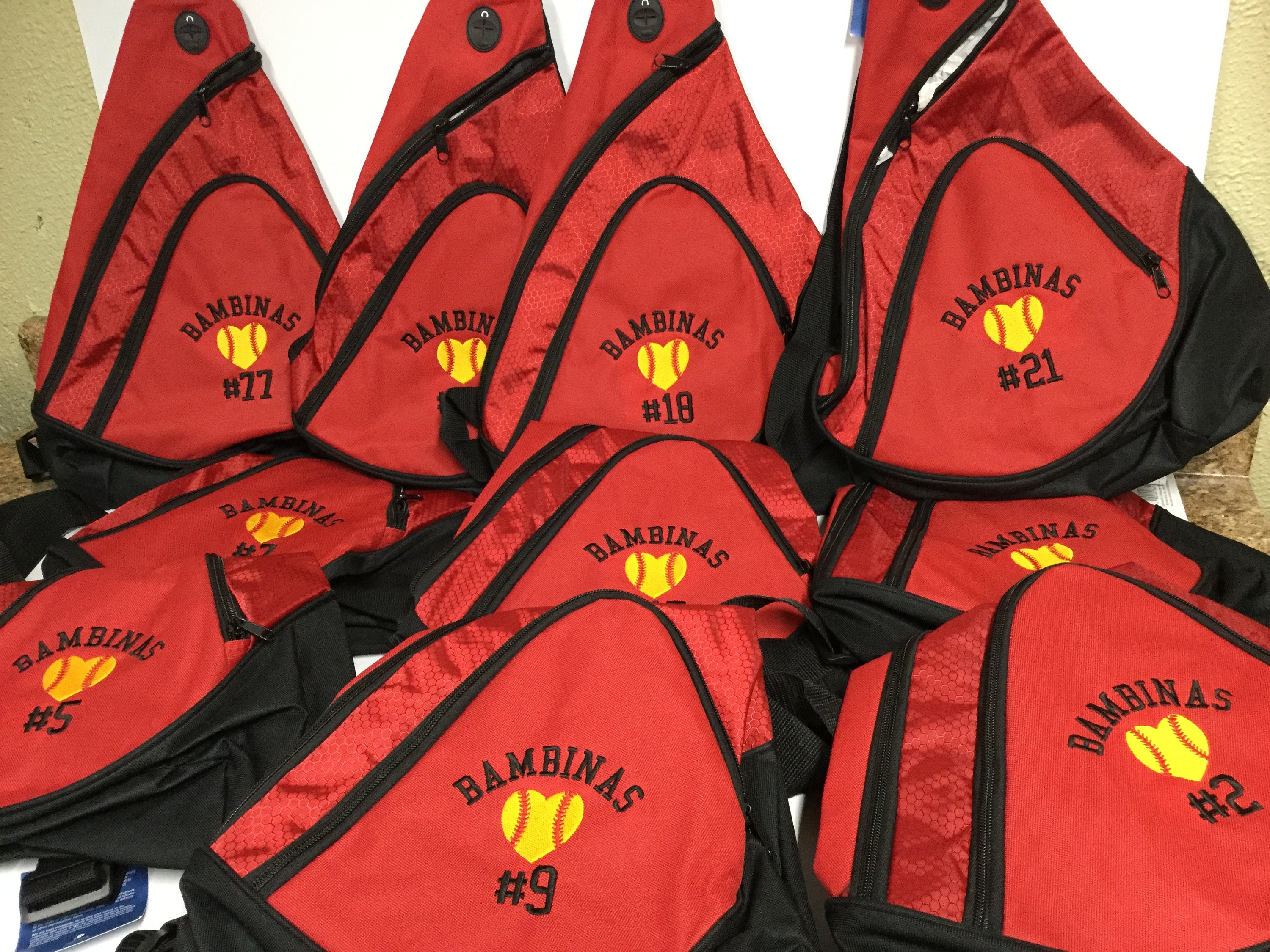 sling bag personalized, sports travel, great for youth, school group, monogramed, embroidered and personalized with with name/date, bulk