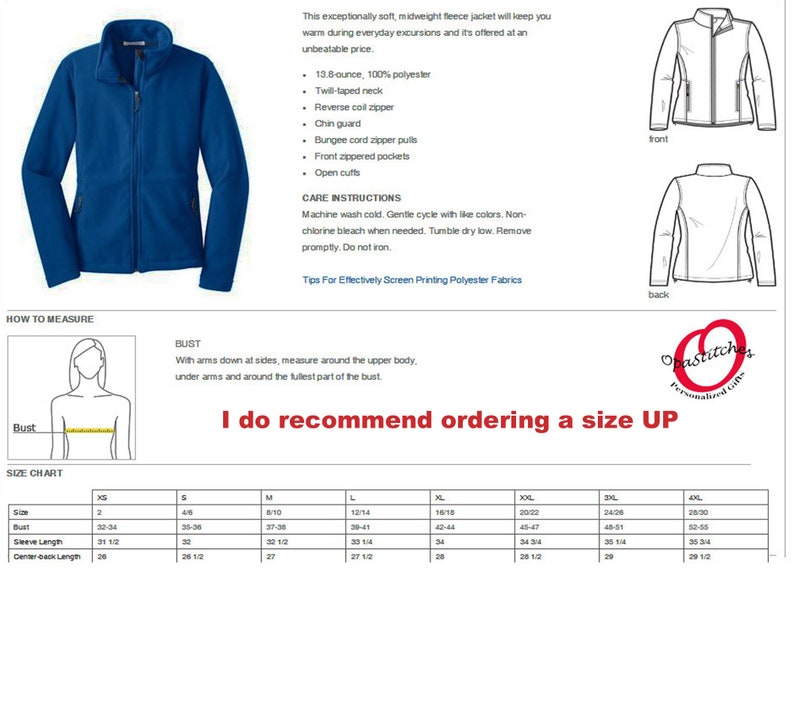 May include: A blue fleece jacket with a full zipper, front pockets, and a twill-taped neck. The image includes a size chart and care instructions. The jacket is made of 100% polyester and is designed for warmth.