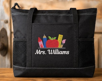 Personalized Teacher Tote Bag, Embroidered Name Gift for Educators, Custom Classroom Zippered School Bag, Professional Faculty Tote