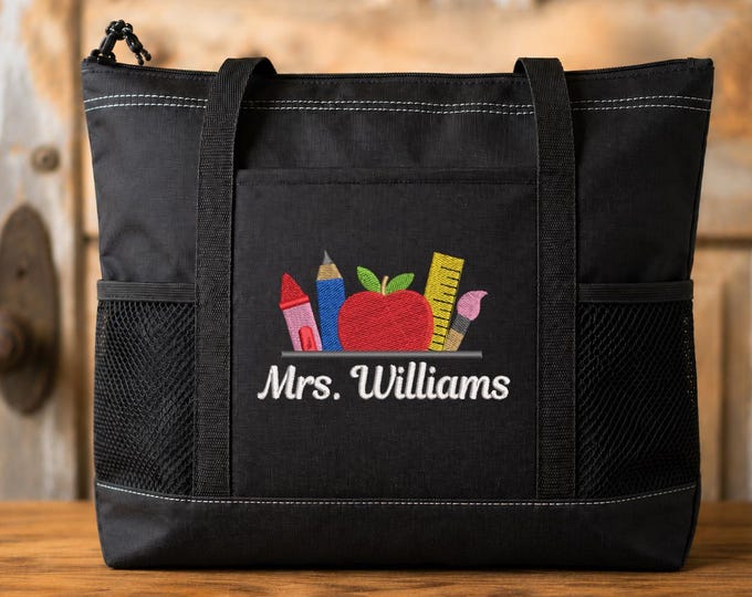 Personalized Teacher Tote Bag, Embroidered Name Gift for Educators, Custom Classroom Zippered School Bag, Professional Faculty Tote