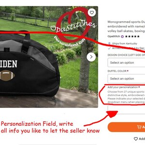 May include: Personalized sports duffel bag with a black and gray color scheme. The bag has a white embroidered name "AIDEN" and a football graphic. The bag is shown on a website with a personalization field for adding details.