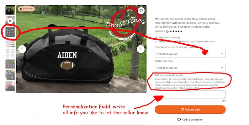 May include: Personalized sports duffel bag with a black and gray color scheme. The bag has a white embroidered name "AIDEN" and a football graphic. The bag is shown on a website with a personalization field for adding details.