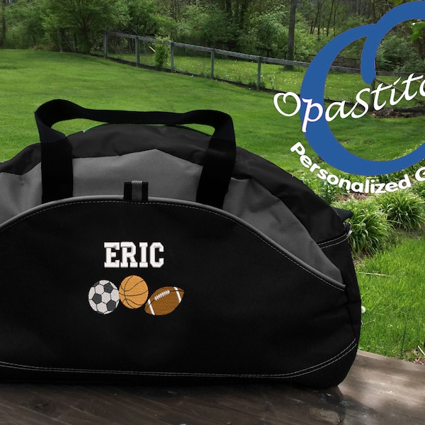 Monogrammed sports Duffel Bag, personalized embroidered with name/design,(Football, baseball, basketball, skates, boxing ect), select design