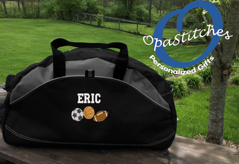 Monogrammed sports Duffel Bag, personalized embroidered with name/design,Football, baseball, basketball, skates, boxing ect, select design image 1