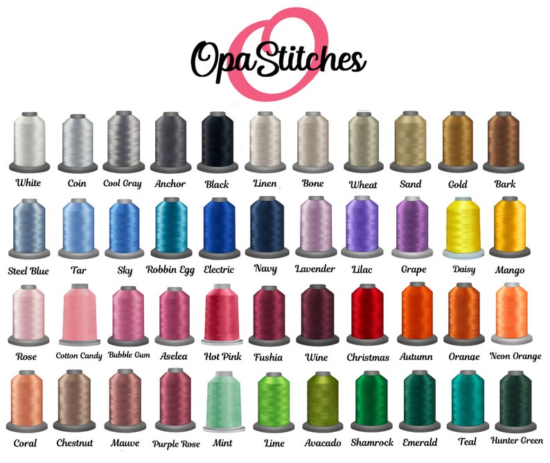 May include: A color chart of thread spools in various colors, including white, black, blue, green, and orange. The thread colors are labeled with names like "Rose," "Navy," and "Lime." The brand name "Opa Stitches" is at the top.