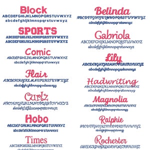 May include: A chart of different font styles with the alphabet in uppercase and lowercase letters. The font names are in pink and the letters are in blue. The font names are: Block, Sports, Comic, Flair, Curlz, Hobo, Times, Murray, Belinda, Gabriola, Lily, Hadwriting, Magnolia, Ralphie, Rochester, Shirley.