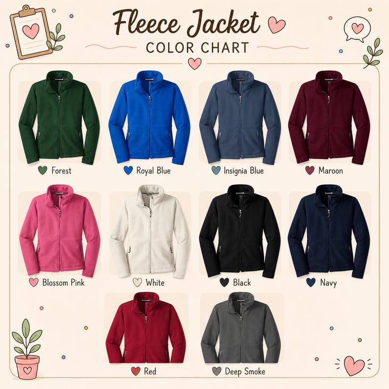 Puede incluir: Una tabla de colores de chaquetas de forro polar que muestra diez chaquetas con cremallera en los colores Forest, Royal Blue, Insignia Blue, Maroon, Blossom Pink, White, Black, Navy, Red y Deep Smoke. Cada chaqueta tiene cuello alto y cremallera.