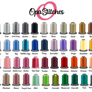 May include: A chart of 48 different colours of embroidery floss spools, labelled with their names. The colours include white, black, red, blue, green, yellow, orange, purple, pink, brown, and grey.