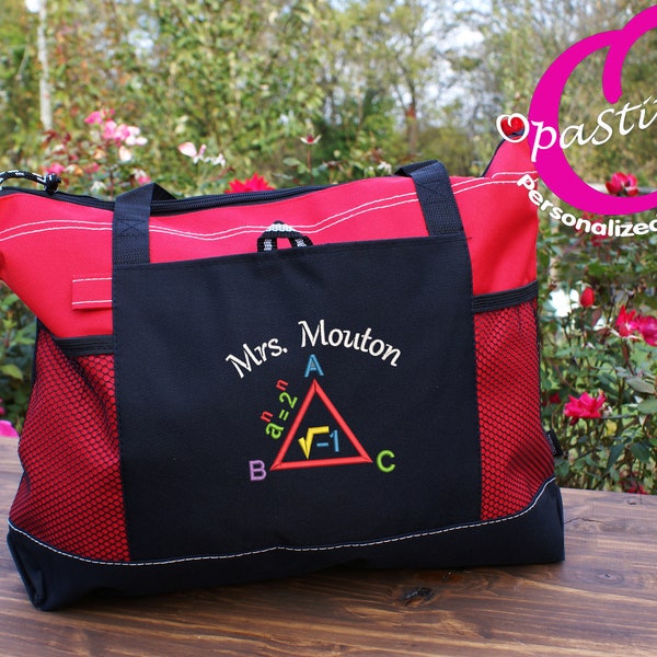 Personalized teacher tote bag, embroidered monogram with teachers name, large school book bag, front large pocket, zippered top,mesh pockets