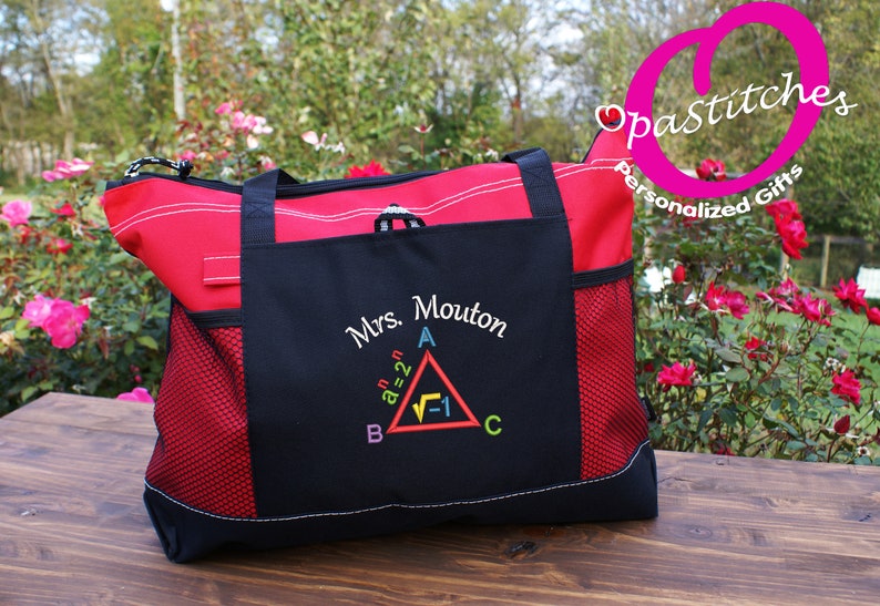 Personalized teacher tote bag, embroidered monogram with teachers name, large school book bag, front large pocket, zippered top,mesh pockets image 1