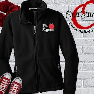 Monogrammed Ladies Personalized Teacher thick fleece jacket, fully embroidered with teacher name and school design, great teacher gift idea,