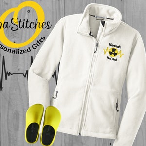 ladies monogrammed Rad Tech x-ray fleece jacket, embroidered with radiology symbol, your name and title, great gift for Rad Tech, plus avail