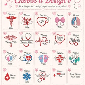 May include: A grid of twenty embroidery design options for personalization, featuring medical symbols like stethoscopes, hearts, lungs, and caduceus icons. Each numbered square includes placeholders for a name and title in pink text.