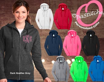 Monogrammed Ladies full zip hoodies, personalized embroidered with your monogram, birthday, mothers day, Christmas gifts, Bridesmaid gift