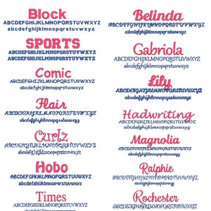 May include: A white background displays a selection of font styles. The text "Font Choices" is at the top. Font names like "Block", "Belinda", "Sports", "Gabriola", "Comic", "Lily", "Flair", "Hadwriting", "Curlz", "Magnolia", "Hobo", "Ralphie", "Times", "Rochester", "Murray", and "Shirley" are shown.