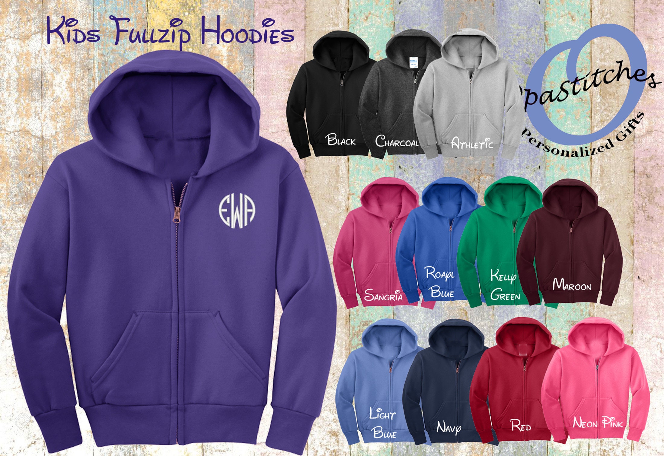 Monogrammed Kids Youth Hoodie full zip Youth size Etsy