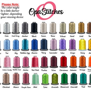 May include: A color chart of thread spools in various colors, including white, black, blue, pink, and green. The text "Opa Stitches" is at the top, with a note about color variations. The chart includes color names like "Rose," "Navy," and "Orange."