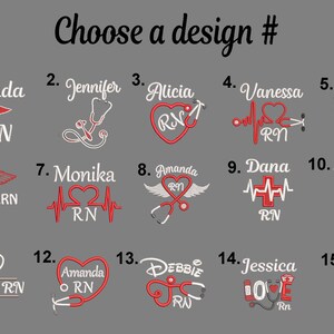 May include: A chart with 15 different designs for embroidered patches featuring the word "RN" and various medical symbols, including a stethoscope, a heart, and a caduceus. The designs are numbered 1 through 15.