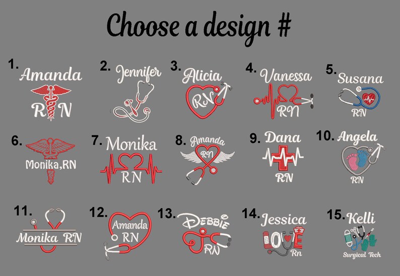 May include: A chart with 15 different designs for embroidered patches featuring the word "RN" and various medical symbols, including a stethoscope, a heart, and a caduceus. The designs are numbered 1 through 15.