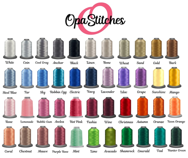 May include: A chart of 48 different colors of embroidery floss spools, labeled with their names. The colors include white, black, red, blue, green, yellow, orange, purple, pink, brown, and gray.