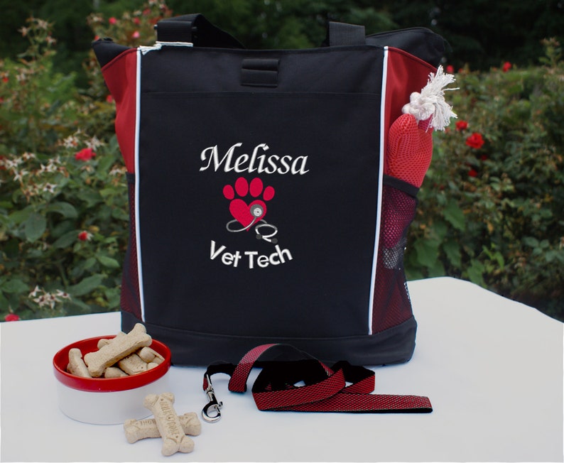 Personalized Vet Tech Tote embroidered with a paw heart stethoscope and name and title vet office staff veterinarian gift idea DMV gifts