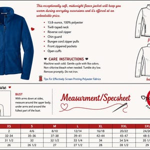 May include: A royal blue fleece jacket with a full-length front zipper, stand-up collar, and two zippered pockets. The image includes a technical specification list, front and back line drawings, and a size chart with bust and length measurements.