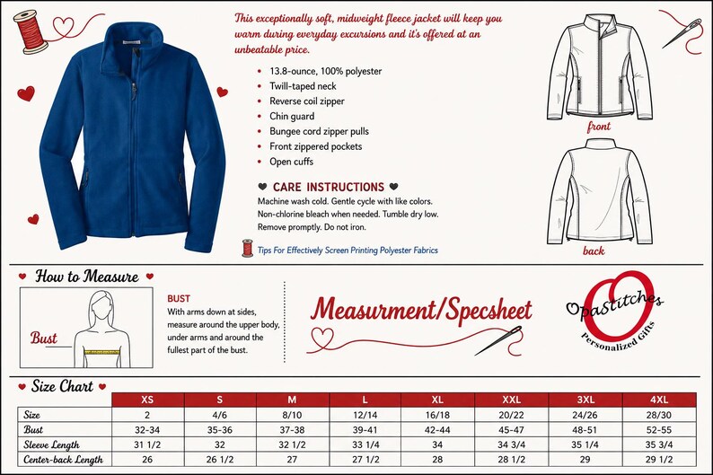 May include: A royal blue fleece jacket with a full-length front zipper, stand-up collar, and two zippered pockets. The image includes a technical specification list, front and back line drawings, and a size chart with bust and length measurements.