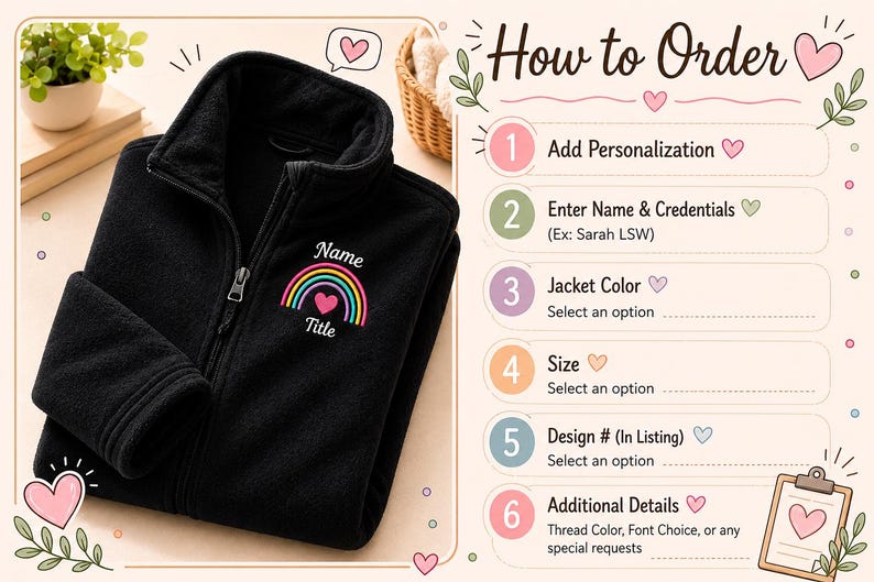 Puede incluir: Una chaqueta polar negra con cremallera que presenta un dise&ntilde;o bordado de arco&iacute;ris y coraz&oacute;n con el texto Name y Title. Junto a la chaqueta, una gu&iacute;a How to Order enumera seis pasos para la personalizaci&oacute;n, incluyendo nombre, t&iacute;tulo, color y talla.