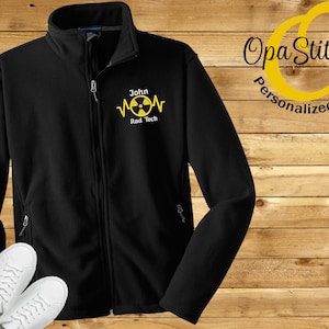 Men monogrammed Rad Tech x-ray fleece jacket, embroidered with radiology symbol, your name and title, great gift for Rad Tech, plus avail