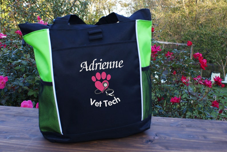 Personalized Vet Tech Tote embroidered with a paw heart stethoscope and name and title vet office staff veterinarian gift idea DMV gifts