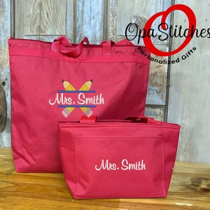 Teacher combo tote deal, lunch bag and tote , embroidered with your teacher design and name, personalized graduation gift for new teachers,
