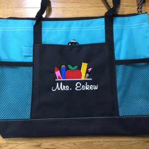 Personalized teacher tote bag, embroidered monogram with teachers name, large school book bag, front large pocket, zippered top,mesh pockets image 8