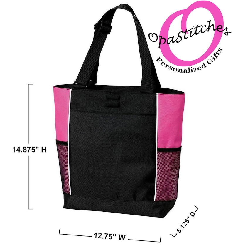 May include: Black and pink tote bag with a white trim, measuring 14.875 inches high, 12.75 inches wide, and 5.125 inches deep. Features a black shoulder strap, side mesh pockets, and the text "Opastitches Personalized Gifts".