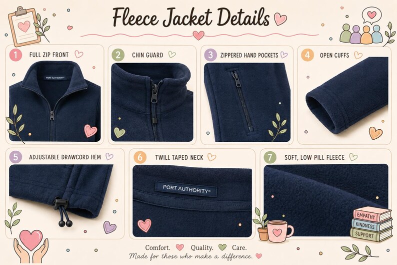 Puede incluir: Una infograf&iacute;a de una chaqueta de forro polar azul marino titulada Fleece Jacket Details. Presenta siete secciones numeradas que destacan una cremallera frontal completa, protector de barbilla, bolsillos con cremallera, pu&ntilde;os abiertos, dobladillo con cord&oacute;n ajustable, cuello con cinta de sarga y forro polar suave antipilling con la etiqueta de la marca Port Authority.