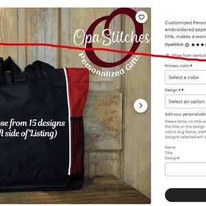 May include: A black and red tote bag with white trim and a side pocket. The bag has the text "Choose from 15 designs" on the front. The bag is for personalized gifts.
